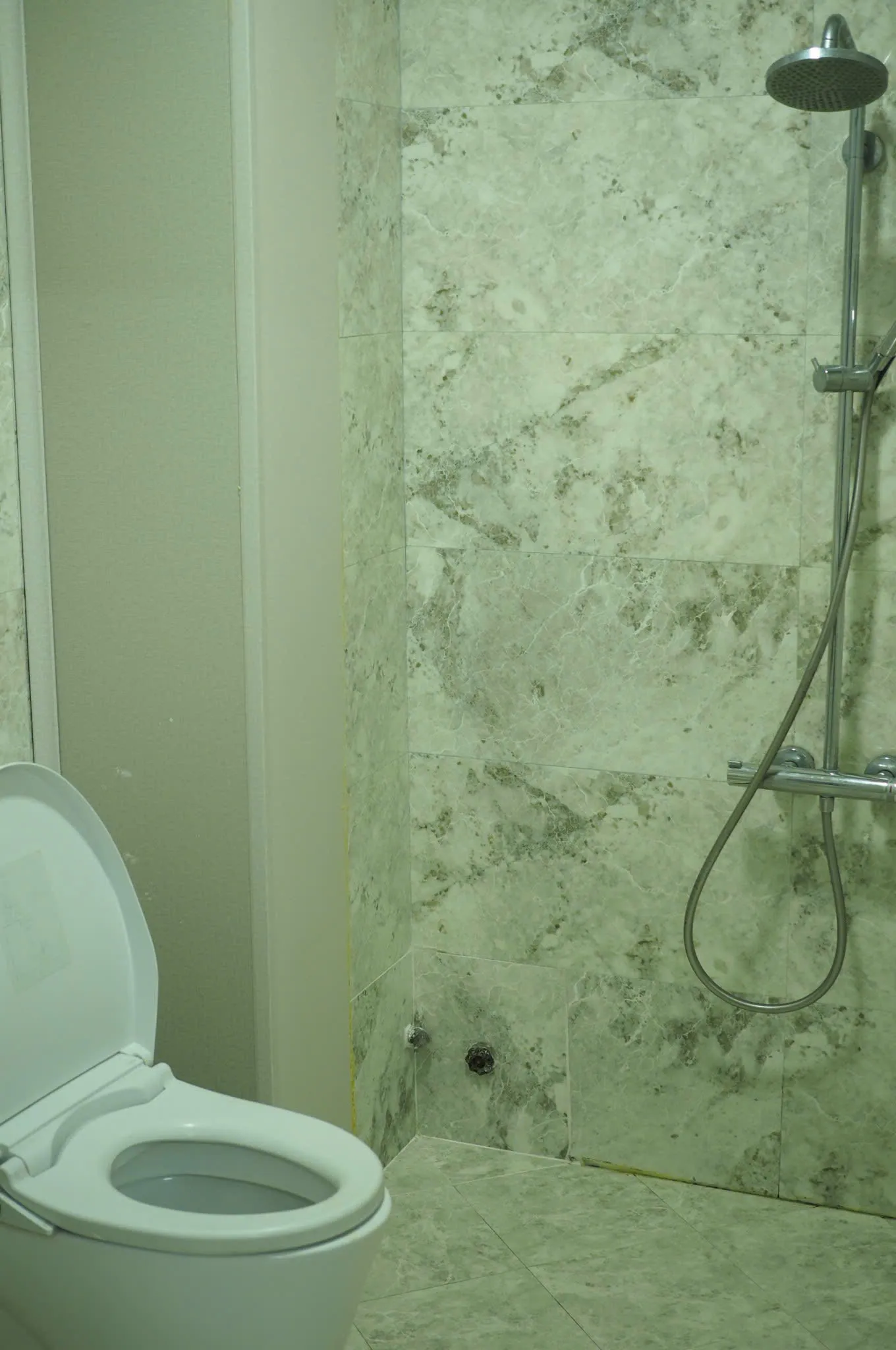 WC studio lát đá, bồn cầu và vòi sen